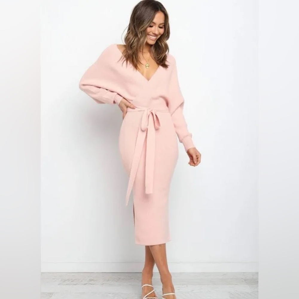 Petal & Pup Blush Pink Belted V-Neck Sweater Dress